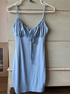 Light Blue Ruched Slip Dress with Tie - Brand: